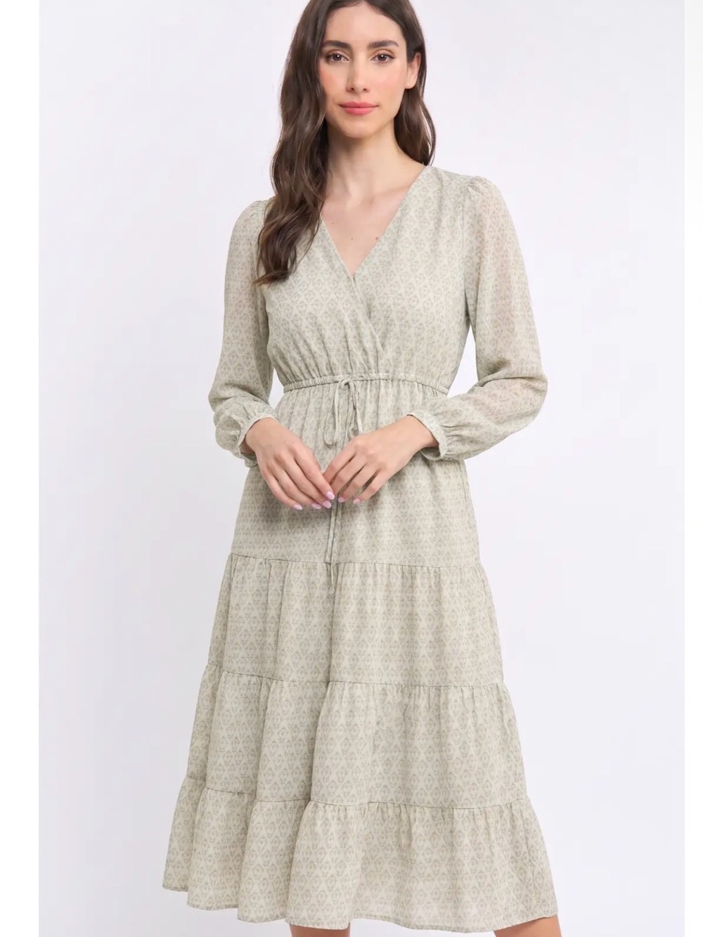 Women's Sage Green Tiered V-Neck Midi Dress